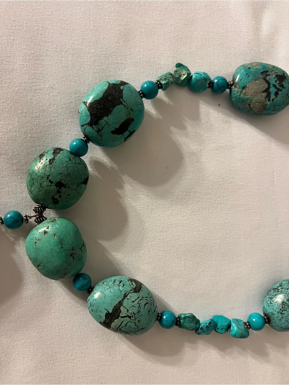 Vintage Turquoise Beaded Necklace with Chunky Focal Stone- dark matrix veining